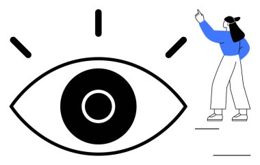 Cesur göz grafiğinin yanında yukarı doğru hareket eden kadın odak ve algıyı sembolize ediyor. Farkındalık, gözlem, yaratıcılık, içgörü, büyüme, problem çözme ve görme için ideal. Düz basit metafor