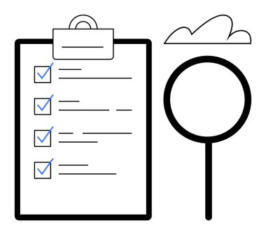 Mavi listeli pano, teftiş için büyüteç ve bulut aksanı. Üretkenlik, organizasyon, kalite kontrolü, planlama, gözden geçirme, analiz dairesi için ideal