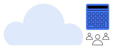 Hesap makinesinin yanında mavi bulut ve üç kullanıcı simgesi, takım çalışması, finansal planlama, bulut tabanlı veriler ve dijital işbirliği. İş, finans, ağ, veri paylaşımı için ideal