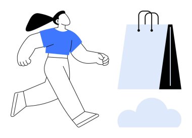 Sıradan giyinmiş bir kadın öne çıkar, yanında büyük bir alışveriş çantası, arkasında bulut vardır. Perakende satış, çevrimiçi alışveriş, modern yaşam tarzı, tüketim, e-ticaret, pazarlama kampanyaları için ideal