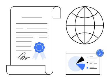 Kurdele mührü, dünya çizgisi, dolar ikonlu analitik çizelge. İş, sertifika, eğitim, finans, küresel ticaret veri analizi için ideal konseptler. Düz basit