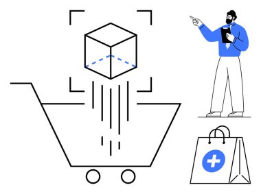 Kübik paket taraması, el arabasına yansıması, verileri pano ve alışveriş çantasıyla analiz eden adam. E-ticaret, teknoloji, lojistik, ürün dağıtımı, yenilik, perakende tüketici davranışı için ideal