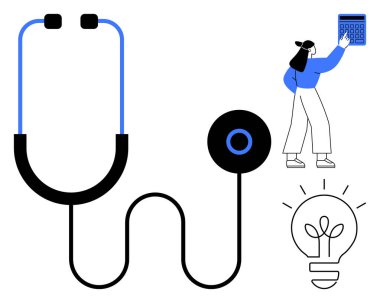 Stetoskop, elinde hesap makinesi olan birinin fikirlerini sembolize eden parlak ampullere doğru kıvrımlar oluşturuyor. Sağlık, yenilik, teknoloji, finans, fikirler, tıbbi çalışmalar, problem çözme için idealdir. Düz