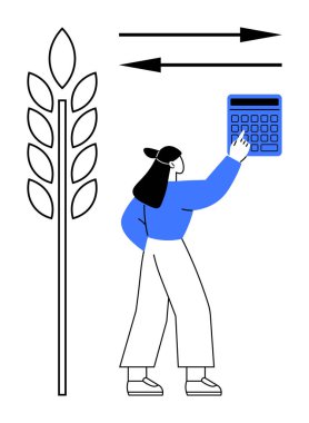 Kadın, buğday ve okların yanında dijital hesap makinesiyle etkileşime girdi. Tarım veri yönetimini sembolize ediyor. Tarım, tarım, teknoloji, finans, ekonomi ve eğitim için ideal