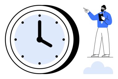 Elinde not defteri, planlama, zaman yönetimi, dakiklik ve organizasyonu sembolize ederken iş adamının yanında temiz bir yüze sahip büyük bir duvar saati. Üretkenlik ve iş hayatı dengesi için ideal