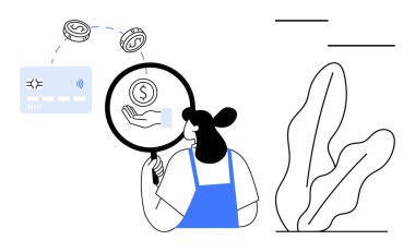 Kadın, elinde büyüteç, elinde temassız bir ödeme kartına bağlı bozuk paralar olan el analizi yapıyor. Finans, para yönetimi, bankacılık, şeffaflık, mobil ödemeler, bütçe, daire için ideal