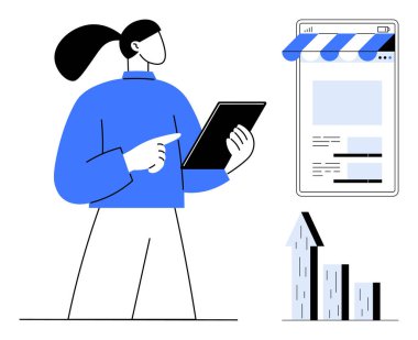 Tableti tutan kadın, ekranı işaret ediyor, online mağaza arayüzü ve büyüme grafiğinin yanında. E-ticaret, dijital pazarlama, girişimcilik, iş stratejisi, çevrimiçi alışveriş, teknoloji için ideal