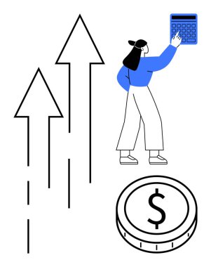 Hesap makinesini yukarı bakan oklar ve bir dolar bozukluğun yanında tutan kadın. Finans, büyüme, ekonomi, tasarruf, iş stratejisi, yatırım ve bütçe temaları için ideal. Düz basit metafor