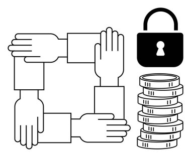 Dört birbirine kenetlenmiş kol güvenli bir asma kilit ve madeni paranın yanında bir kare oluşturuyor. Takım çalışması, işbirliği, finans, güvenlik, güven, yatırım, koruma için ideal. Düz basit metafor