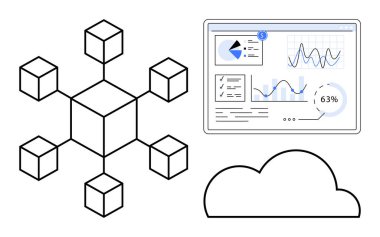 Modüler küp ağı, grafikli analitik paneli ve merkezi olmayan veri kullanımını vurgulayan bulut elemanı. Engelleme zinciri, bulut hesaplama, veri analizi, ağ oluşturma, yenilik, teknoloji için ideal