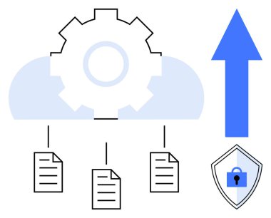 Teçhizatlı bulut, asılı belgeler, yukarı doğru mavi ok ve güvenlik kalkanı. Bulut hesaplama, veri işleme, bilgi güvenliği, dijital dönüşüm, büyüme teknolojisi gelişimi için ideal