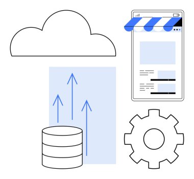 Bulut, veri tabanı, yukarı doğru oklar, mobil mağaza önü, çark. Bulut hesaplama, büyük veri, ilgili tasarım SaaS e-ticaret otomasyon sistemi optimizasyonu için idealdir. Düz basit metafor
