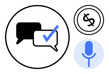 İşaretli konuşma baloncukları, dolar simgesi ve mikrofon vurgulama iletişimi, onay, finans, ses teknolojisi. İşbirliği, işlemler, podcast güven geri bildirimleri için ideal