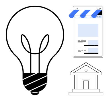 Ampul, mobil mağaza önü ve yeniliği, dijital ticareti, çevrimiçi hizmetleri, girişimciliği, bankacılığı, finans ve yaratıcılığı temsil eden banka ikonu. Girişimler için ideal fintech teknolojisi