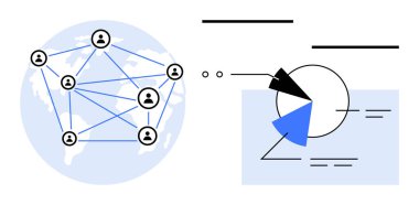 Pasta grafiği ve veri analiz grafiklerinin yanında ağ oluşturmayı sembolize eden birbirine bağlı kullanıcı simgeleriyle dolu bir dünya. İletişim, işbirliği, veri paylaşımı, takım çalışması, analitik ve strateji için ideal