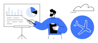 Uçak ikonlu bir sunum panosundaki çizelge ve grafiklere profesyonelce işaret etmek. Strateji, seyahat, planlama, analitik, iş, havacılık, konseptler için idealdir. Düz basit metafor