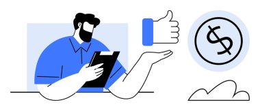 İş adamı elinde bir not panosu tutuyor. Başparmak işareti ve dolar işareti ile ilerleme kaydediyor. İş değerlendirmesi için ideal, başarı, finans, motivasyon, yatırım, analiz, karar verme