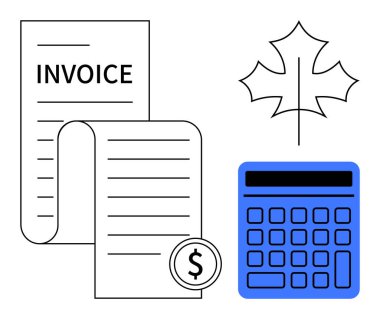 Bozuk para ikonu, hesap makinesi ve akçaağaç yaprağı faturası. Vergilendirme, muhasebe, finans, fatura, Kanada ekonomisine bütçe ayırmak için ideal. Düz basit metafor