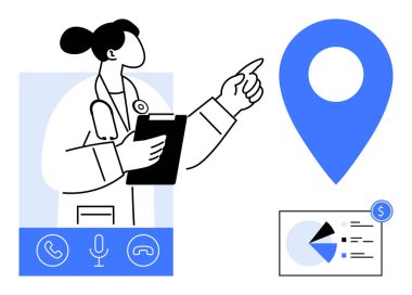 Analitik gösterge panelinin yanındaki konum işaretçisini gösteren paneli olan doktor. TeleHealth, uzaktan yardım, navigasyon, tıbbi kaynaklar, veri analizi, dijital iletişim, sağlık hizmetleri için ideal