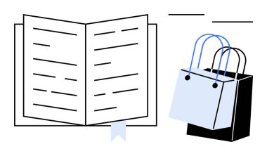 Siyah ve açık mavi iki alışveriş çantasının yanında satır ve yer imi olan açık bir kitap. Eğitim, perakende, öğrenim, ticaret, eğitim, alışveriş kavramları, tüketici alışkanlıkları için idealdir. Basit soyut çizgi
