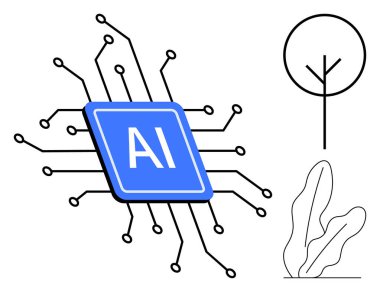 Çevresinde devre kartı çizgileri olan mavi yapay zeka mikroçipi, minimalist ağaç ve yaprak elementleri. Teknoloji, yenilik, yapay zeka, çevre dostu, sürdürülebilirlik için ideal.