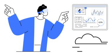 AR gözlükleri takan biri bulutların üzerindeki grafik ve çizelgelerle dijital analitik arayüzü işaret ediyor. Teknoloji, yenilik, AR, veri analizi, bulut hesaplaması, sanal için ideal