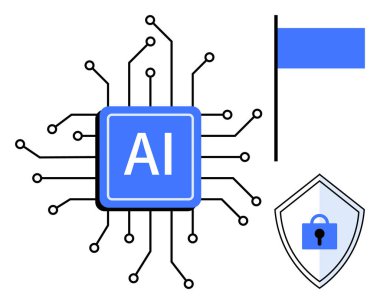 Merkezdeki yapay zeka işlemcisi devre hatları, mavi bayrak ve kilit simgesi olan bir kalkanla bağlı. Teknoloji, güvenlik, yenilik, yapay zeka geliştirme, veri koruma, dijital sistemler için ideal