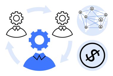 Okları olan dişli başlı figürler, ağ düğümü şeması, dolar simgesi görselleştirme işbirliği, otomasyon, ağ oluşturma. Takım çalışması, süreçler, finans, büyüme yenilik stratejisi sistemleri için ideal