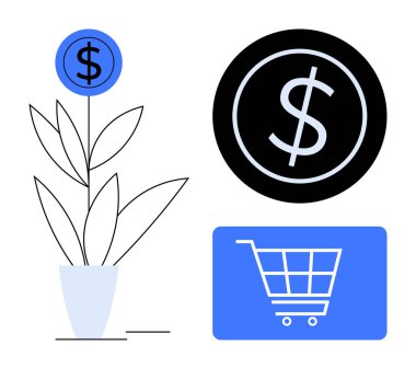 Dolar işaretli saksı fabrikası, siyah madeni para, mavi alışveriş arabası ikonu finans, tasarruf, yatırım, e-ticaret, perakende, zenginlik yönetimi bütçesi ekonomik büyümeyi simgeliyor. Düz basit metafor