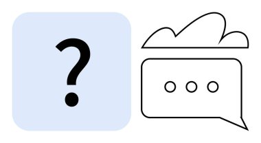 Soru işareti, konuşma baloncuğuyla etkileşimde merak ya da şüpheyi vurgular. İletişim, beyin fırtınası, diyalog, destek, yardım, belirsizlik ve yaratıcı problem çözme temaları için ideal. Düz