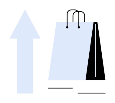 Alışveriş torbası açık ve koyu tonlara bölünmüş. Kalın yukarı ok ise büyüme ve ilerleme anlamına geliyor. Perakende, e-ticaret, satış eğilimleri, kar artışı, pazarlama, müşteri memnuniyeti için ideal