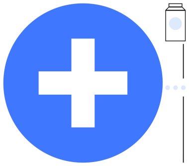 Merkezde mavi haç ve yanında ilaç şişesi, tıbbi bakım, sağlık, eczane, sağlık, acil yardım, sağlık hizmetleri ve tedavi çözümlerini simgeliyor. Sağlıkla ilgili daire için ideal