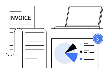 Fatura makbuzu, dizüstü bilgisayar ve veri analiz grafiği dijital mali yönetimi vurguluyor. Finans, muhasebe, iş, teknoloji, e-ticaret bütçesi çevrimiçi ödemeler için idealdir. Düz basit
