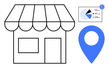 Geniş lokasyon iğnesi ve analitik çizelgesi ile mağaza önü ana hatları müşteri bağlantısını, geotargeti ve performans takibini gösteriyor. İş için ideal, pazarlama, perakende, yönetim, satış