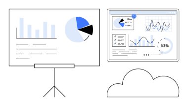 Grafikler, pasta grafikleri ve bir sunum panosu ve dijital arayüzde gösterilen analizler, bir bulutla bağlantılı. Veri paylaşımı, bulut hesaplama, raporlama, takım çalışması, teknik kavramlar sunumları için ideal