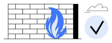 Mavi alevli tuğla duvar, güvenlik duvarı savunmasını temsil ediyor, güvenlik işaretinin yanında. Siber güvenlik, güvenlik duvarı koruması, veri güvenliği, internet güvenliği, bilişim altyapısı için ideal