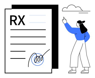 Üzerinde imzası olan büyük bir reçete kağıdı, havada süzülen buluta doğru hareket eden bir kadın. İlaç, sağlık, eczane, iletişim, hasta yönetimi, talimatlar, düz basit metafor