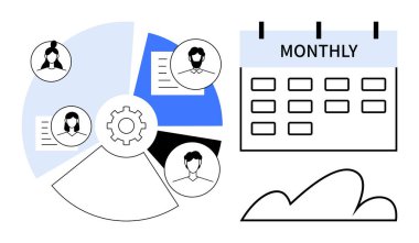 Aylık metin takvimi, iş akışı diyagramı dişli ve görevleri bağlayan kullanıcı profilleri. Takım çalışması, organizasyon, proje yönetimi, planlama, zamanlama, iş akışı, takım çalışması için ideal