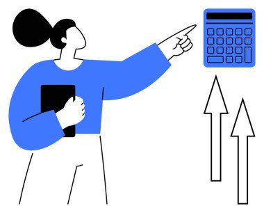 Elinde tablet tutan kadın, büyümeyi gösteren oklarla hesap makinesini işaret ediyor. Finansal planlama, bütçe, analiz, başarı, yatırım, strateji, düz basit metafor