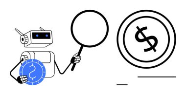 Robot elinde büyüteç ve para ile finansal sembolleri inceliyor. Finans, yapay zeka yeniliği, teknoloji, dijital ekonomi, veri analizi, araştırma, düz basit metafor
