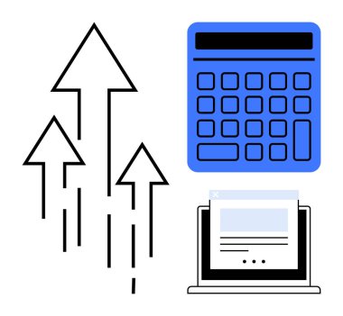 Yukarıdaki oklar, finansal başarıyı ve dijital çözümleri sembolize eden bir hesap makinesi ve dizüstü bilgisayarla eşleştirilmiş büyümeyi gösteriyor. İş, finans, yenilik, büyüme, strateji, analiz için ideal
