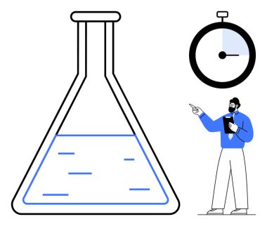 Laboratuvar şişesi kronometrenin yanında kısmen sıvıyla dolu. Bilim adamı panoyu tutarken işaret ediyor. Bilim, araştırma, analiz, zaman yönetimi, yenilik, eğitim, keşif için ideal