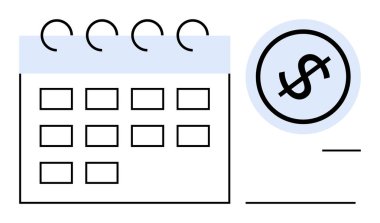 Bütçeyi, ödeme zamanlamasını ve finansal yönetimi temsil eden bir dolar tabelanın yanındaki spiral bağlayıcı takvim şebekesi. Planlama, finans, iş, teslim tarihleri ve muhasebe için ideal