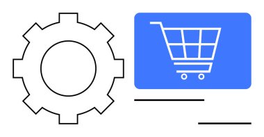 Mavi ekranın yanında elektronik ticareti, otomasyonu ve sistem yönetimini simgeleyen bir alışveriş arabası. Elektronik ticaret, teknoloji, yenilik, iş, otomasyon stratejisi için idealdir. Düz