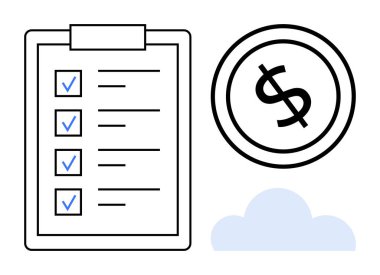 Tamamlanmış görevlerin listesinin olduğu pano, büyük dolar işareti ve bulut. Üretkenlik, hedef izleme, finans, bulut hizmetleri, organizasyon başarı planlaması ve asgari tasarım için ideal. Düz