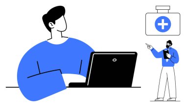 Doktor elinde bir panoyla sağlık hizmetleri konusunu anlatıyor, hasta dizüstü bilgisayar kullanırken dinliyor. Teletıp, sağlık, tele sağlık, online danışma, sanal toplantılar, eğitim için ideal