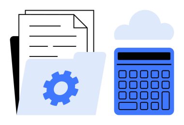 Belgeler ve dosyalar bir klasörde, hesaplamalar için bir hesap makinesi ve depolama için bir bulut. Veri yönetimi, organizasyon, finans, bulut hesaplama, üretkenlik, teknoloji sade