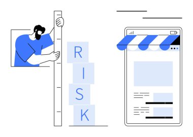Bir online mağaza sitesinin yanında risk seviyelerini ölçerek analiz eden bir adam. Risk değerlendirmesi, iş analizi, veri stratejisi, e-ticaret, karar verme, planlama, izleme için ideal. Düz