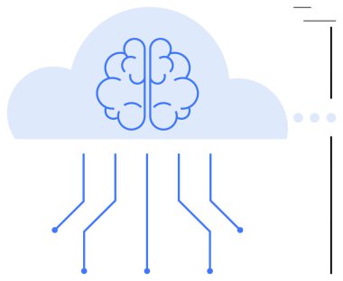 Sinirsel yollarla bağlantılı bir beyin içeren bulut yapay zeka ve veri paylaşımını simgeler. Yapay zeka, bulut teknolojisi, makine öğrenimi, yenilik, veri bağlantısı, sinirsel ağlar, düz basit