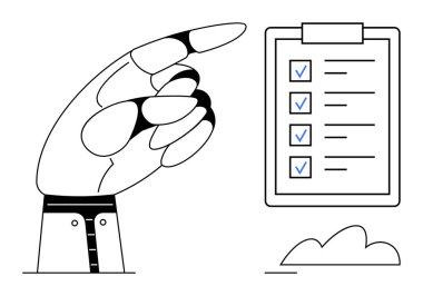 İşaretli görevleri, organizasyonu, planlamayı ve tamamlamayı vurgulayan panodaki bir kontrol listesine işaret eden büyük bir el. Üretkenlik, öncelikler, yönetim, hedefler, ilerleme düzlüğü için ideal